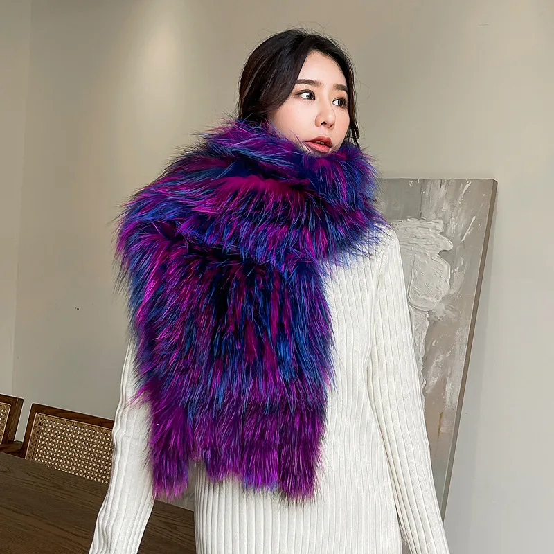 New Design Fox Fur Scarf Tassel Women Winter Warm Multicolour Knitted Fur Scarves Shawl Real Fur Muffler Long