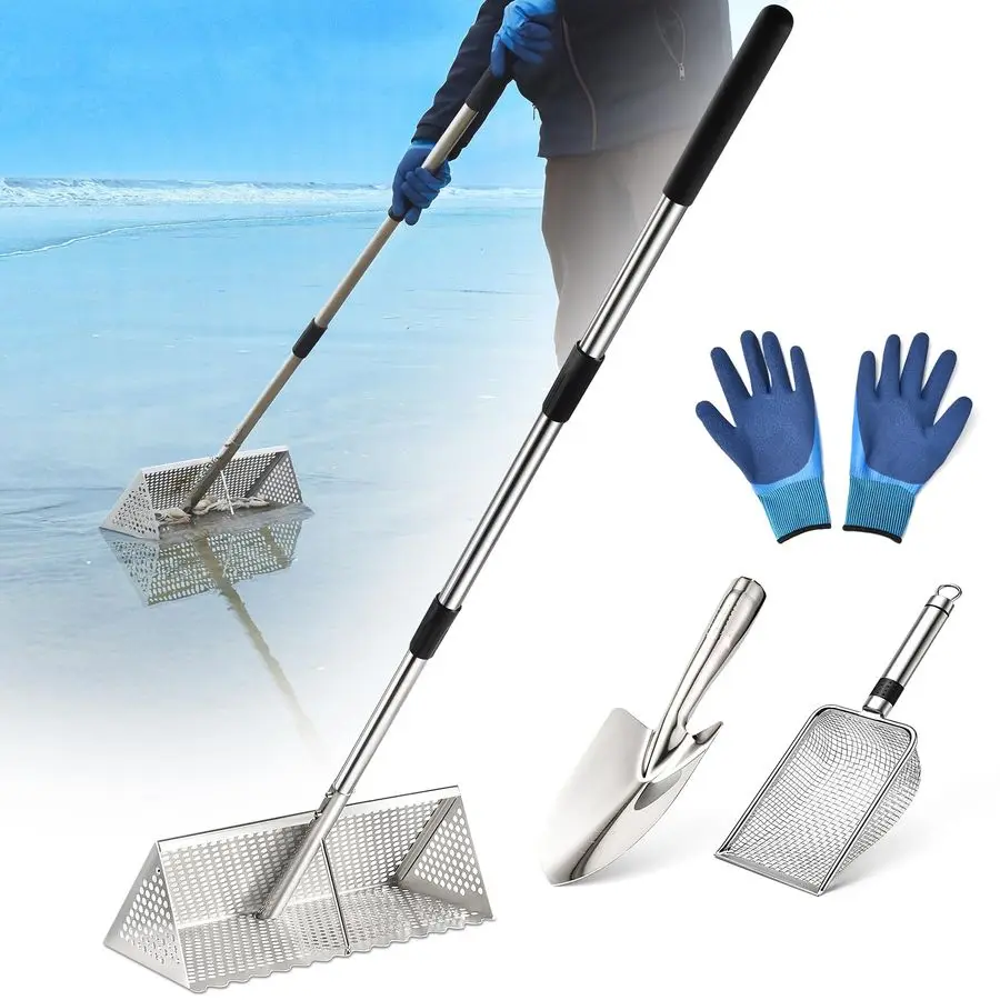 

Flea Rake, Long Handle Sand Sifter for The Beach, Stainless Steel Shark Tooth Sifter Comes with A 16Inch Wide Mesh Screen for Co