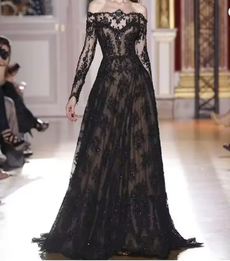 Elegant Black Lace Evening Dress A-Line Boat Neckline Long Sleeves Off Shoulder Customized Prom Gown Special Occasion Party Robe
