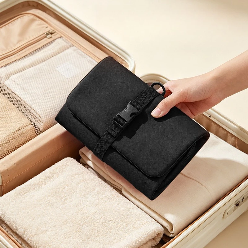 1PCS Plain Black Water Resistant Oxford Makeup Bag for Short Trip Storage Homestay Toiletry Daily Cosmetic Organization