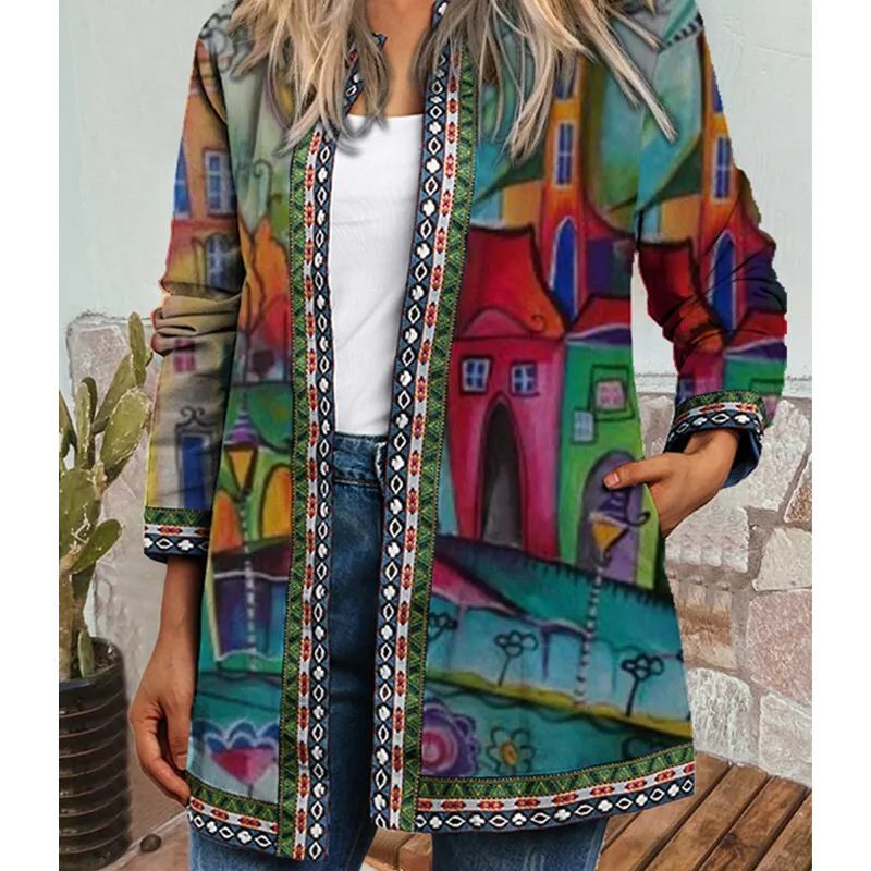 2023 Autumn/Winter New Ethnic Style Printed Long Sleeved Sweater Outerjacket Women's Wear