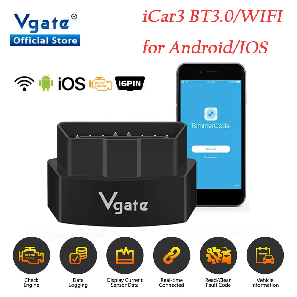 

Vgate iCar3 ELM327 V2.1 For Android IOS Car Diagnostic Scanner Bluetooth 3.0 / WIFI ELM OBD 2 Code Reader Auto Scan Tool