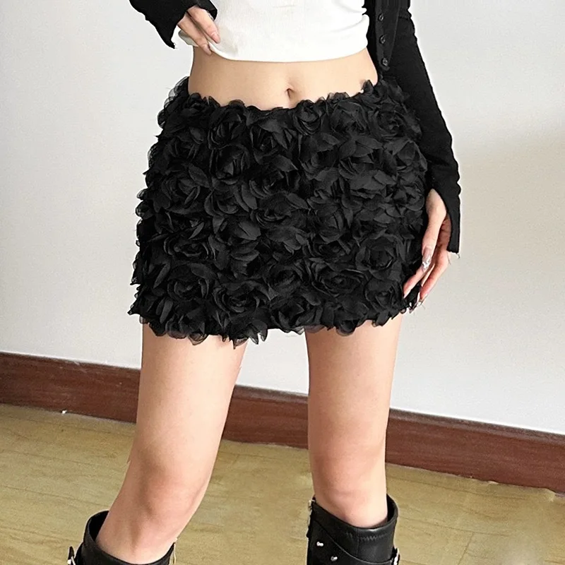 Retro Solid Color Sexy 3D Rose Flower Skirts for Women Fashion Sweet Girls Low Waisted Mini Skirt Y2K Goth Streetwear Outfits