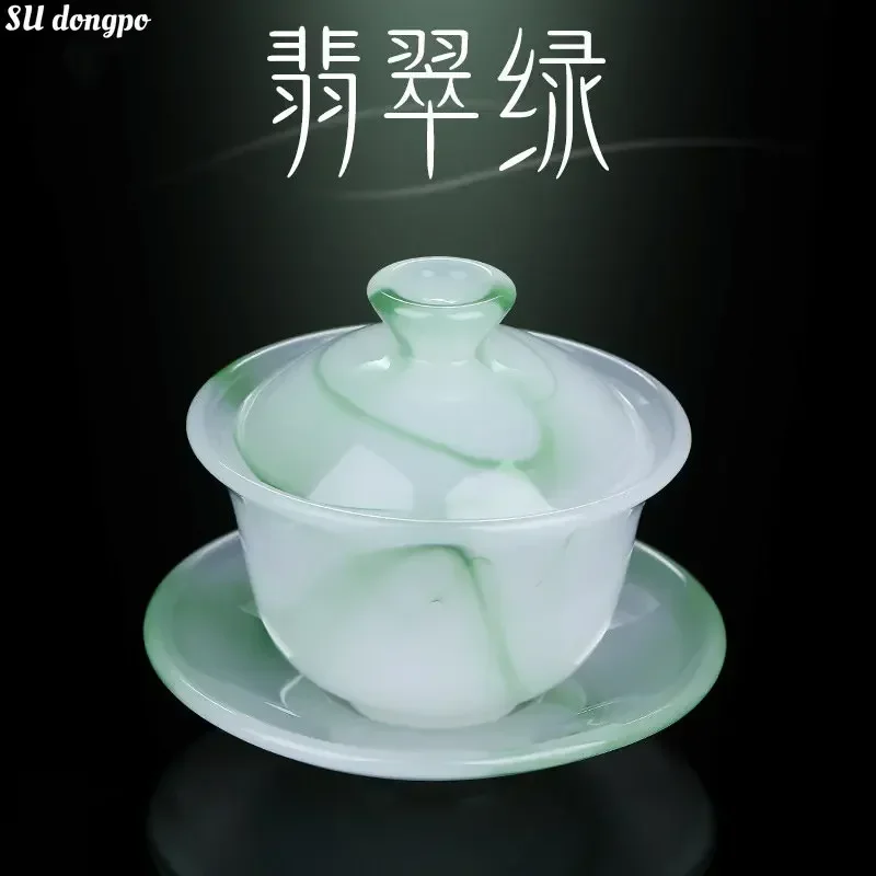 Emerald Green Jade Porcelain Gaiwan-Chufang Small Tea Tureen 100ml Sancai Cover Bowl Colored Glass Tea Cup for One Person