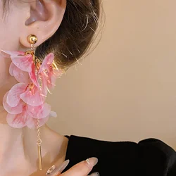 Sweet Pink Blue Flower Long Tassel Earrings For Women Yarn Mesh Earrings Pendientes Mujer Fashion Jewelry Holiday Accessories