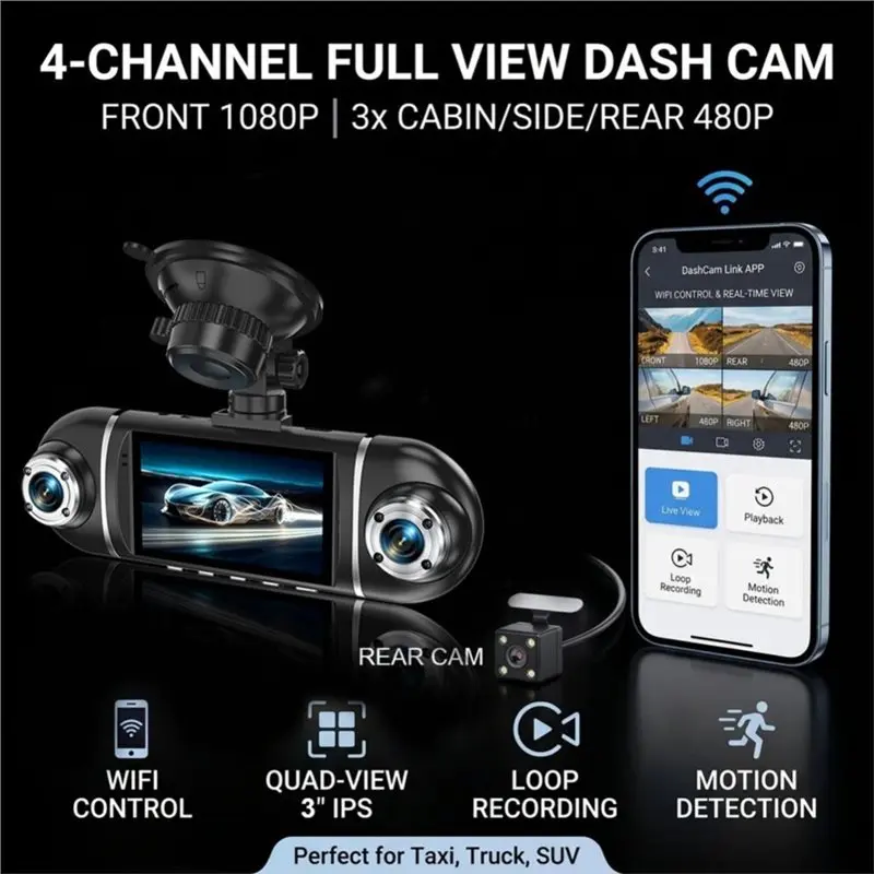 AASS-For Cars 4 Channel Dash Cam 1080P Camera Lens WIFI APP Car DVR Video Driver Recorder Rear View Camera