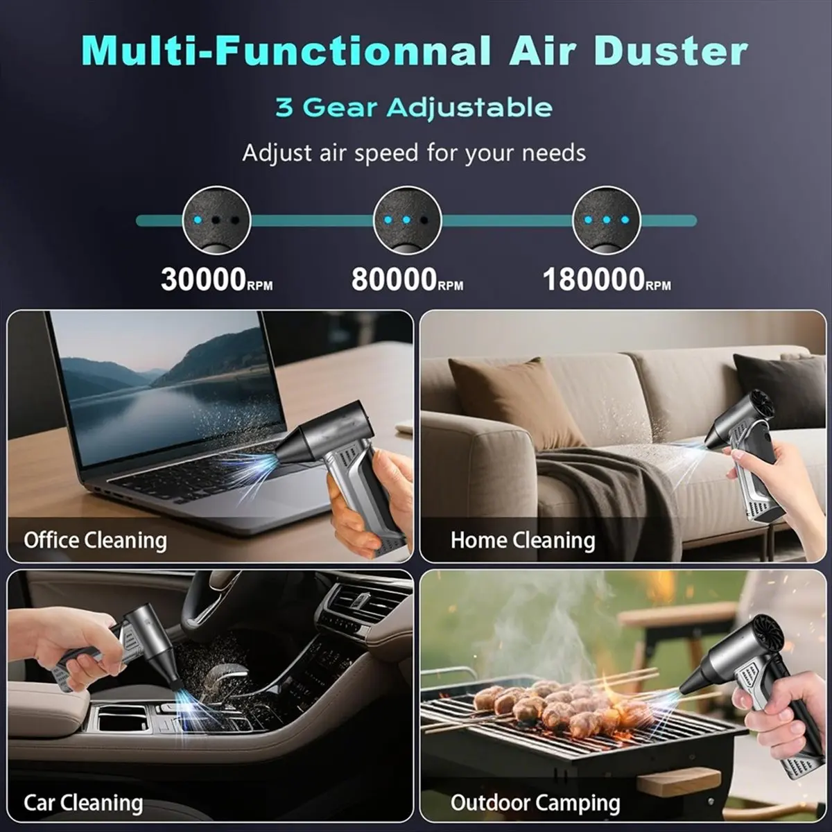 NEW Compressed Air Duster 180000RPM, with 3 Gears Adjustable, Rechargeable 10000mAh Battery for Keyboard/PC/Car/Outdoor