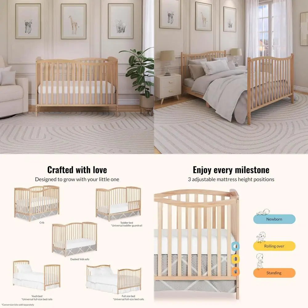 سرير أطفال تشيلسي 5 في 1 قابل للتحويل بالحجم الكامل باللون الطبيعي، GreenGuard Gold & JPMA، خشب الصنوبر، 4 مرتبات، يتحول إلى Tod #1