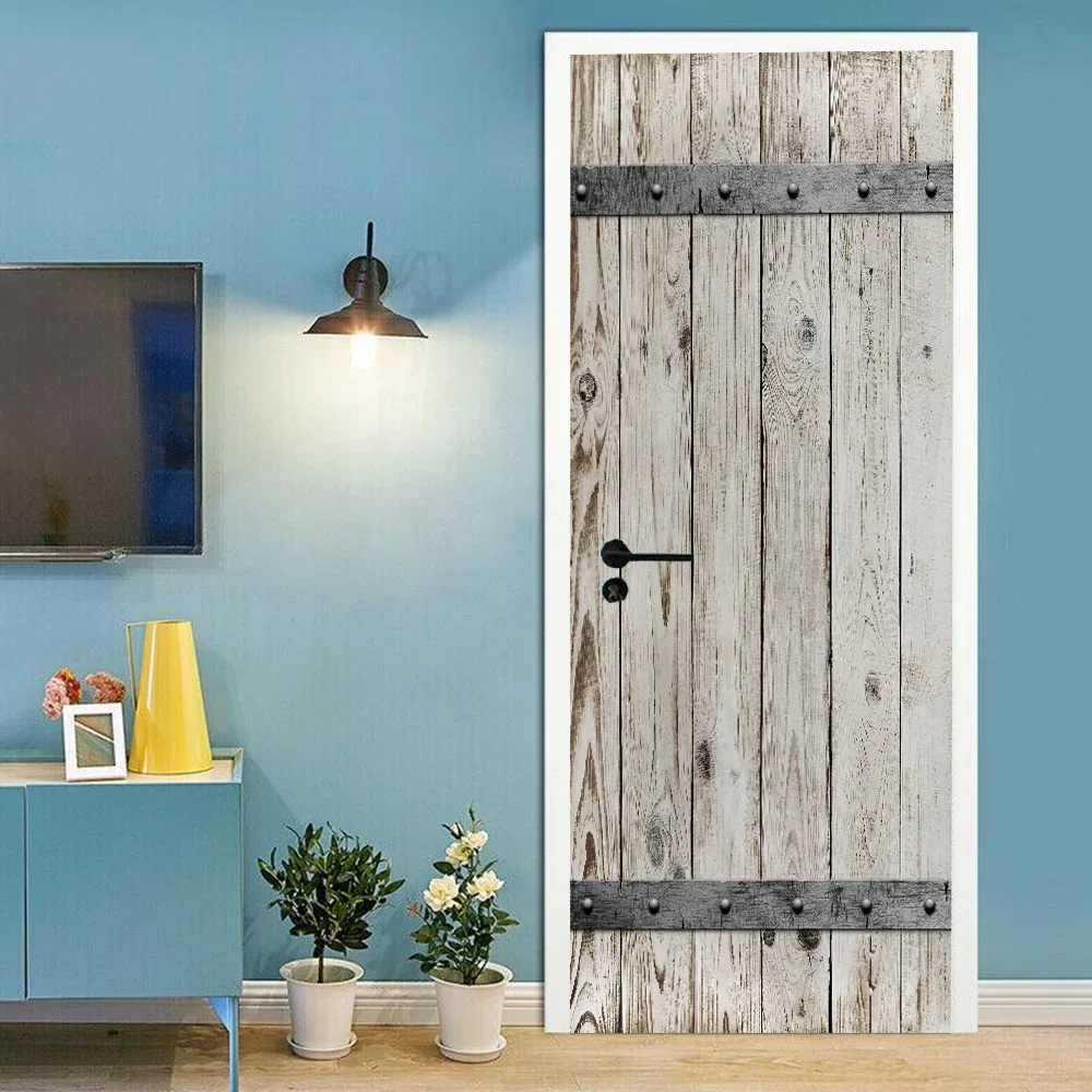 Imitation Wood Doors Wallpaper Retro 3D Self-Adhesive Vinyl Door Stickers Wall Sticker Living Room Corridor Decor Decal For Home