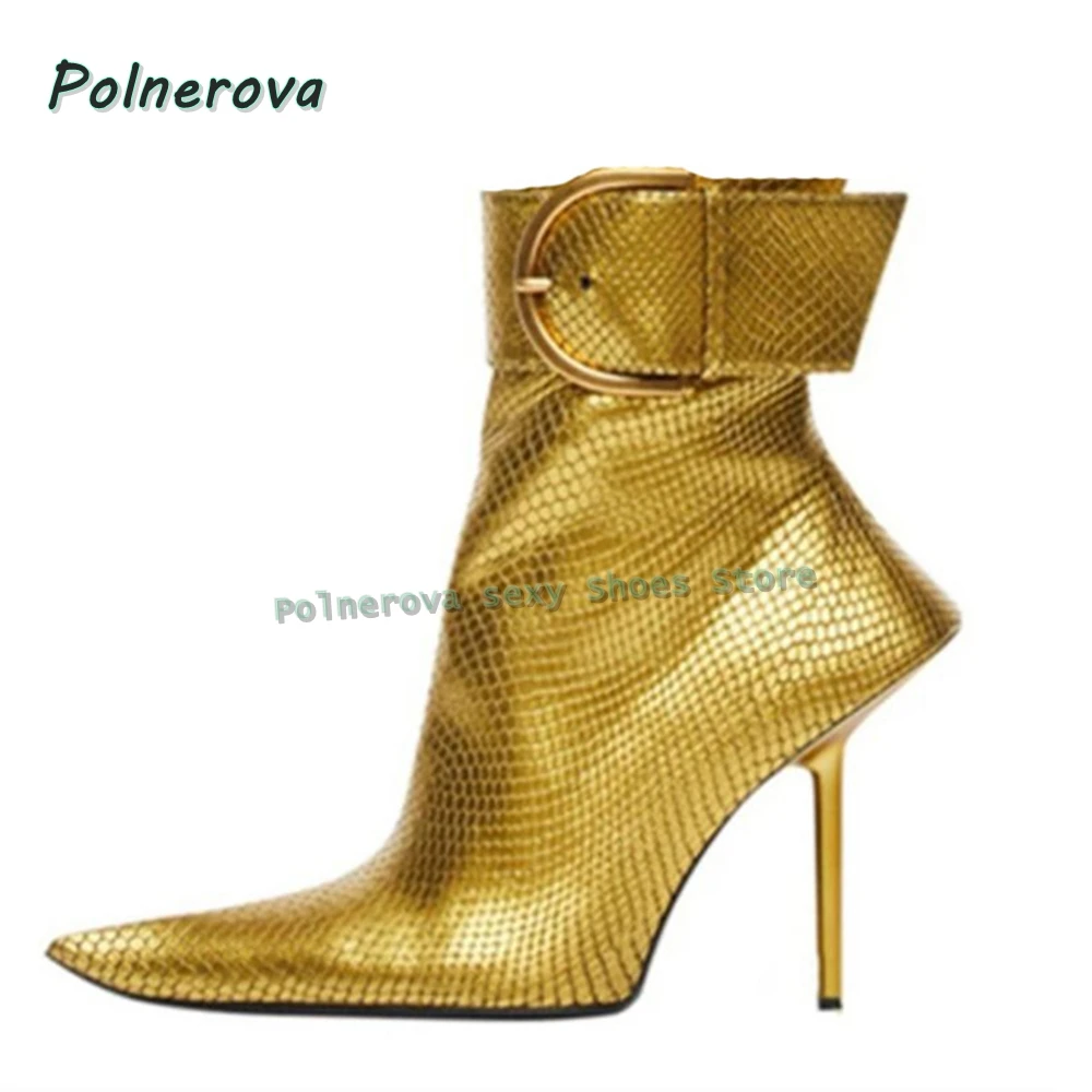 Golden Buckle Sexy Ankle Boots Pointed Toe Stiletto Side Zip Solid Fashion Lady Mid-Calf Boots 2025 Autumn Winter Casual Shoes
