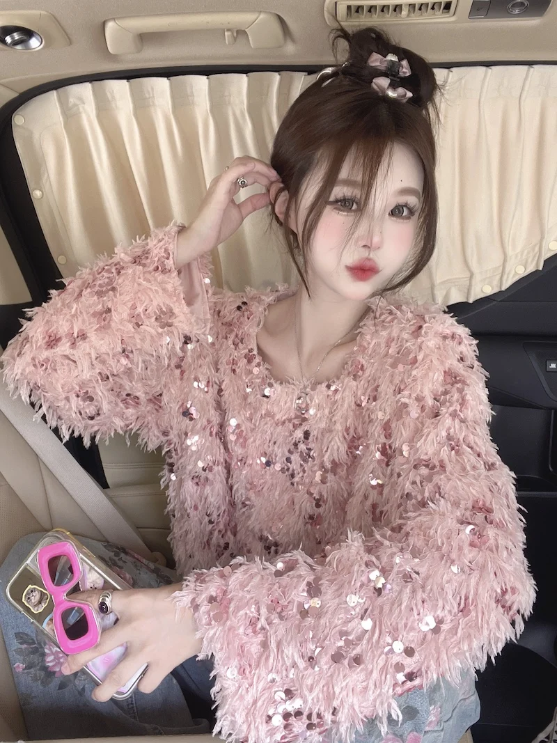 2024 New Year Female Clothes Beautiful Sequined Sweater Long Sleeve O-neck Fashion Women\'s Tassel Pullovers Sweet Lady Jackets