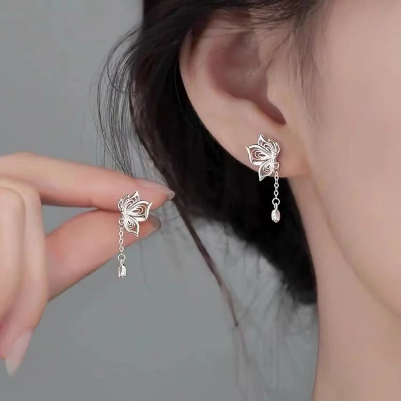 Pure Silver Butterfly Tassel Earrings Light Luxury and High-end Feel Niche and Exquisite Fashionable Earrings with Temperament