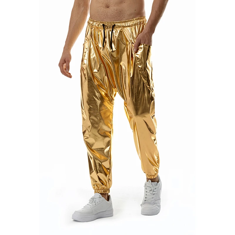 

Fashion Shiny Gold Metallic Jogger Sweatpants Hip Hop Casual Pocket Cargo Trousers Disco Dance Party Festival Prom Streetwear