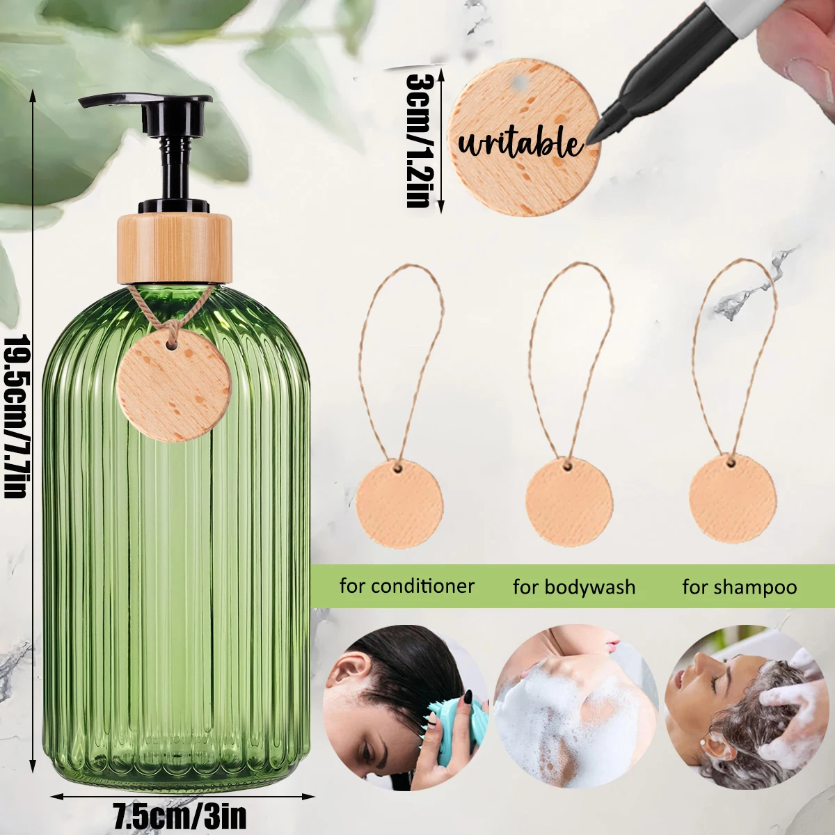 Green Bathroom Shower Soap Bottles with Empty Tag Refillable Shampoo Conditioner Bodywash Container Bottle Home Apartment Decor