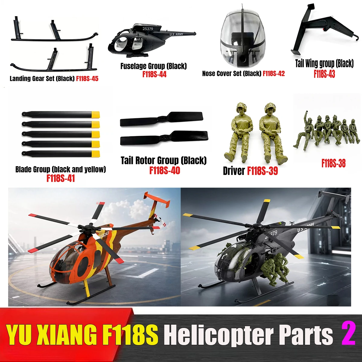 YU XIANG YUXiang F118S MH‑6 MD‑500 RC Helicopter Parts Driver Blade Fuselage Tail Wing Landing Gear Nose Cover Parts 2