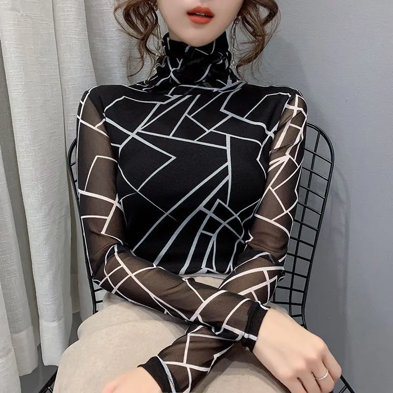 Woman Mesh Turtleneck Autumn T-Shirt Female Fashion Casual Long-Sleeved Printing Slim Tops Lady Long Sleeve Bottoming Shirt G251