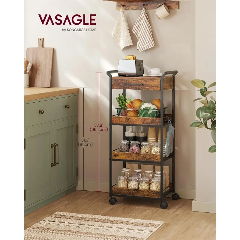 Storage Cart, Rolling Utility Cart with Table Top, Handles, 4 Lockable Casters, Top Drawer, Mesh Shelves, for Kitchen,