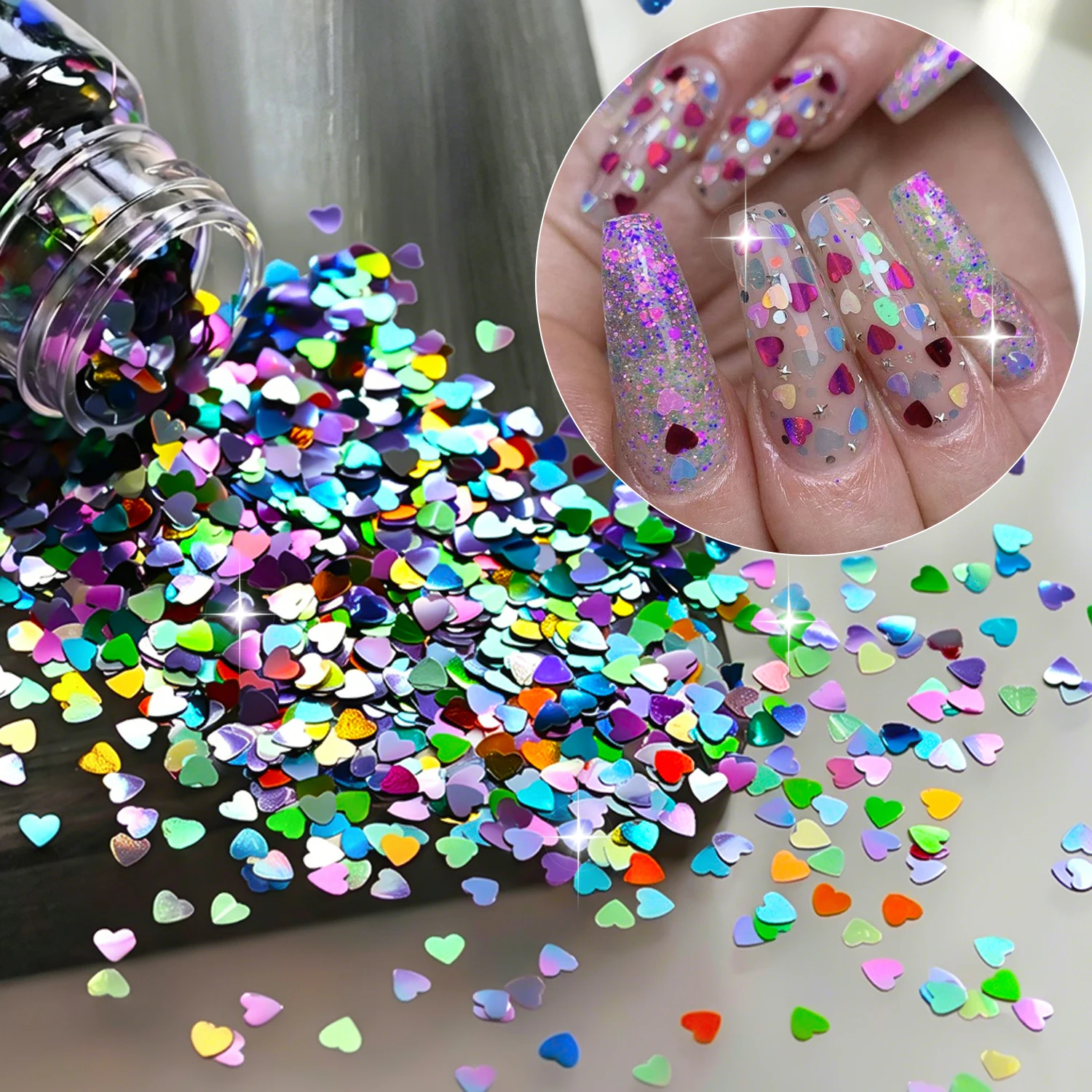 1Box Holographic Heart Nail Glitter Sequins Colorful Mixed Size Heart Nail Art Flakes Iridescent Sparkle Powder for Acrylic Nail