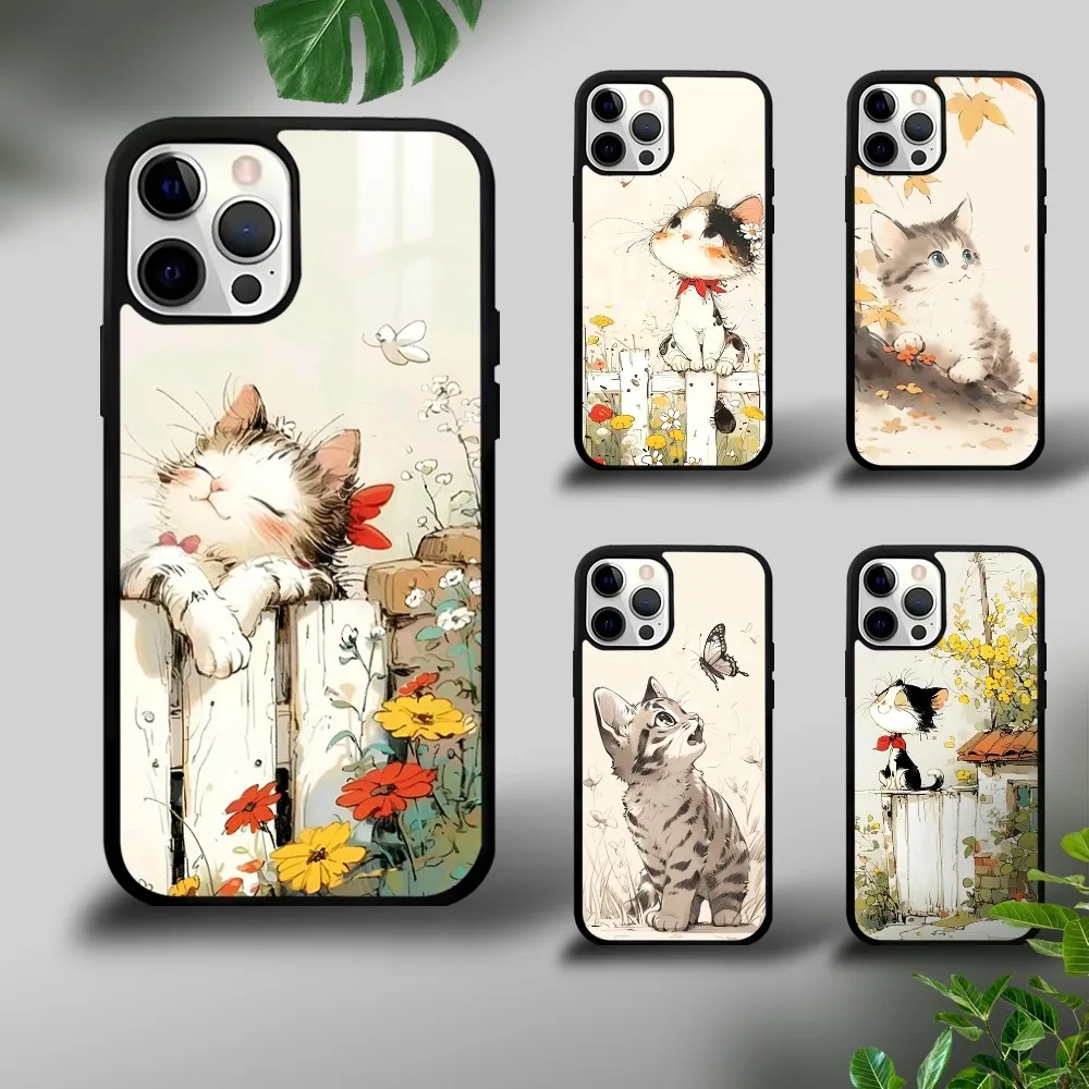 

Cute Painting Cat Phone Case For iPhone 16 15 14 13 12 11 Pro Xs Max Mini Plus Celulares Hard Funda