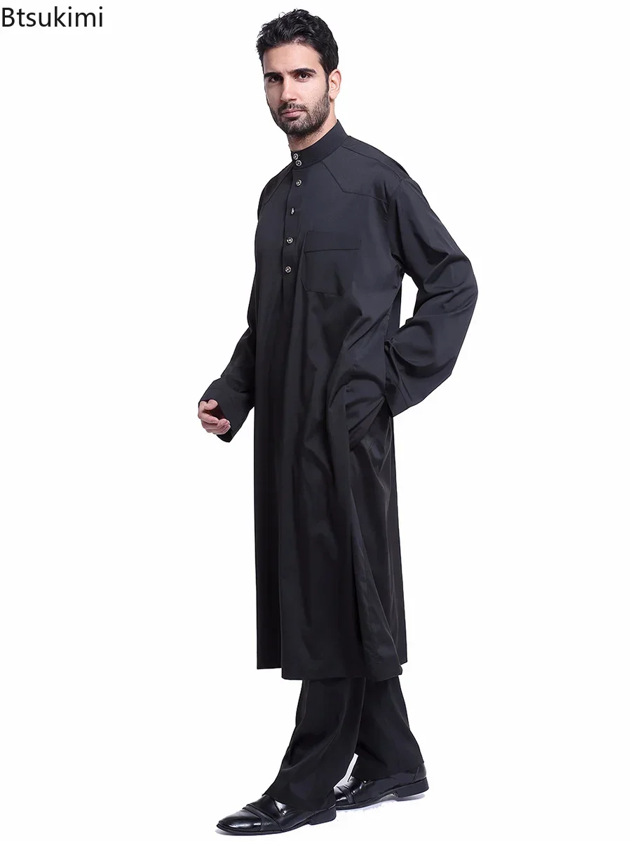 Muslimische arabische Männer Jubba Thobe Button Robe + Hose 2 Stück Kleidung Anzug Abaya Saudi-Arabien Eid Türkei Kurtas islamisches muslimisches