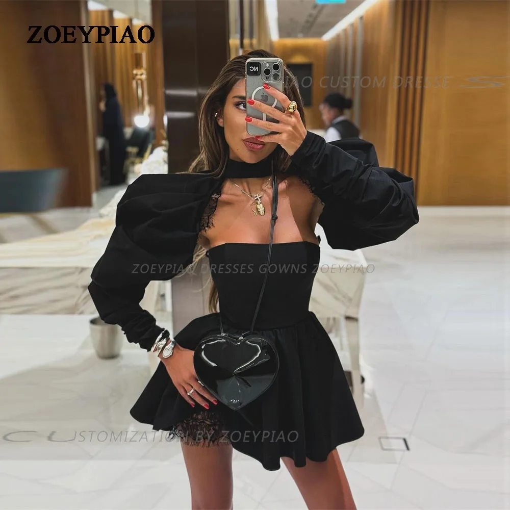 

Black High Neck Lace Woman Prom Dress A Line Short vestidos para Cocktail Gowns Club Pleated Full Sleeves Wedding Party Dress