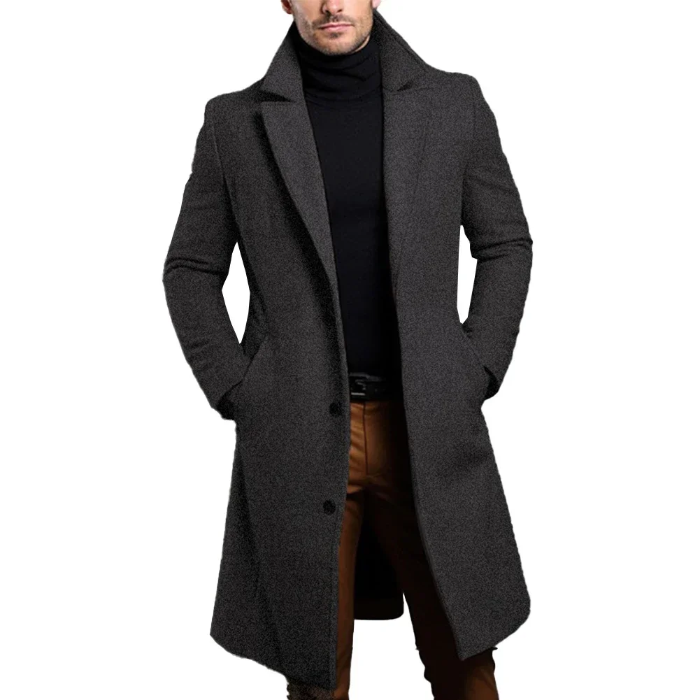 Gabardina negra cálida y cómoda para hombre, abrigo de manga larga con una botonadura, perfecto para otoño e invierno