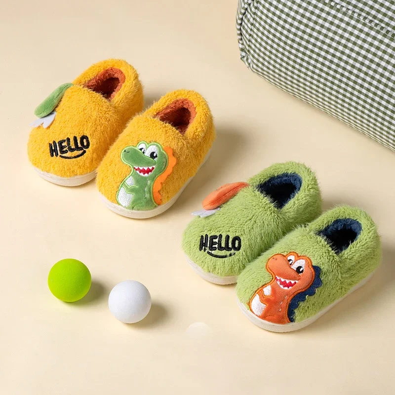 New Winter Children\'s Shoes Warm Cute Boys Cartoon Dinosaur Cotton Slippers Warm Versatile Kids Causal Home Girls Plush Slippers