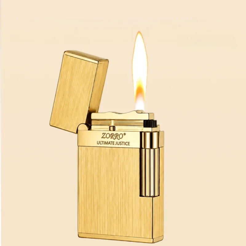 2026 New ZORRO Brass Loud Voice Open Flame Butane Gas Lighter Side Pulley Ignition High End Gift Lighters Smoking Gadget