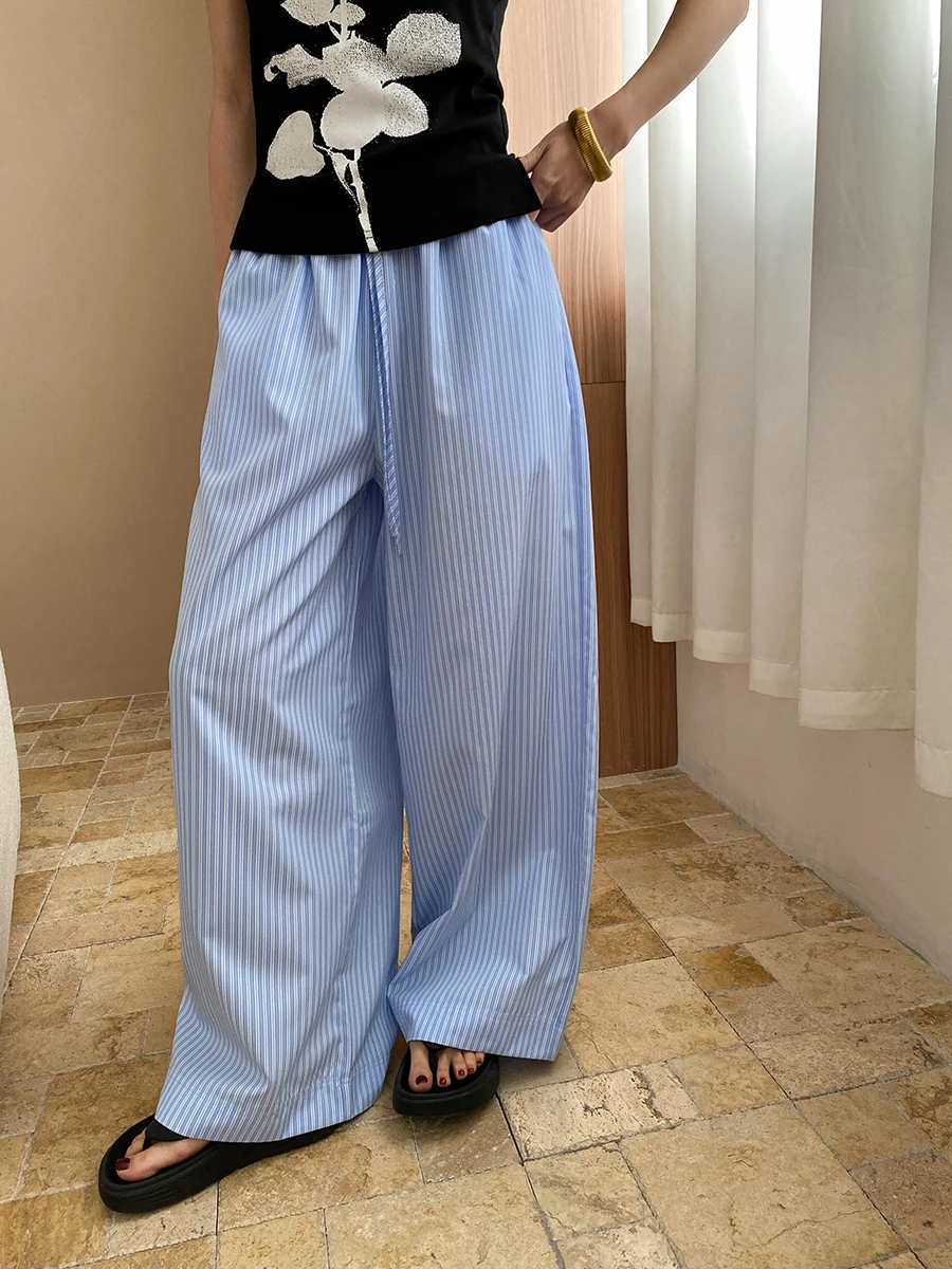 Летние женские повседневные широкие брюки в полоску с высокой талией