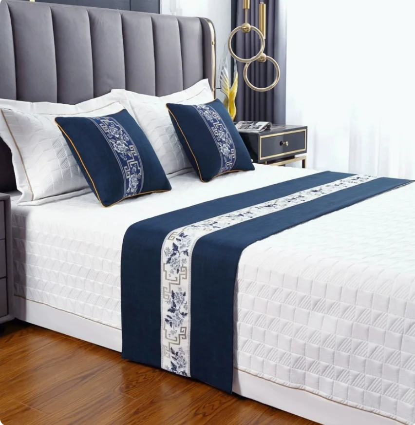 Chinese Style Embroidery Bed Runner, Navy Blue Floral Decorative Bed Scarf, Luxury Hotel Homestay Beauty Salon Bed End Throw
