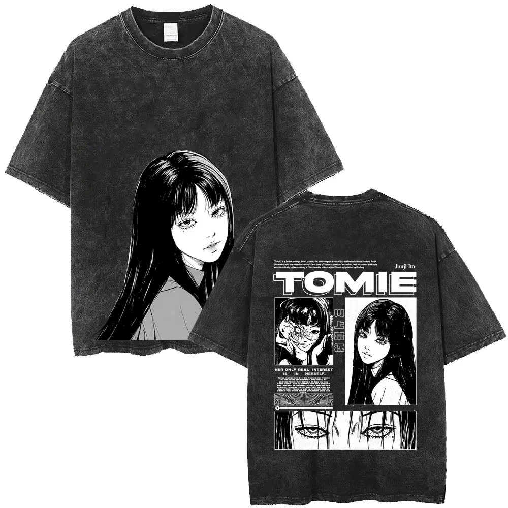 2026 Summer Hot Sale  Anime Tomie Junji Ito Vintage Washed T-shirt Y2K Men Women Manga Horror Gothic Cotton Oversized T-shirt