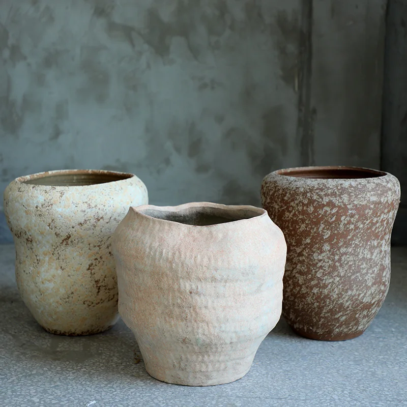Vintage clay pot ceramic large vase ornament living room wabi-sabi style stoneware high-end feeling large flower pot Nordic ins