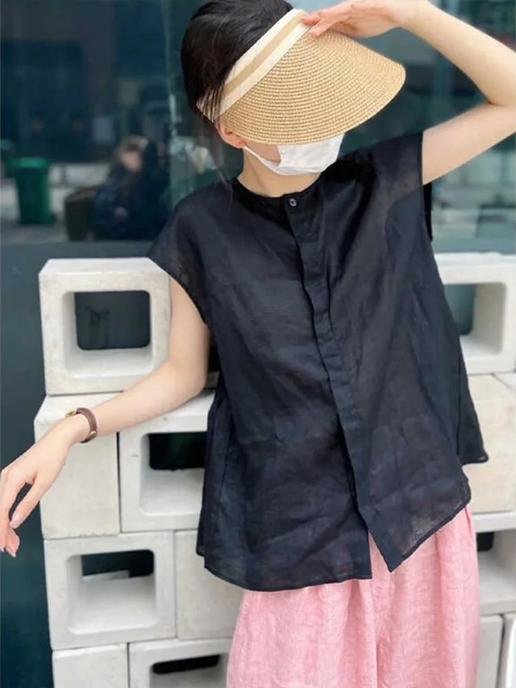 ฤดูร้อนชุดผ้าลินินผ้าฝ้ายผู้หญิง Bla Svel irt Anti-Aging สีชมพูกางเกงขากว้างผ้าลินิน 2 ชิ้นบาง Faion ชุด