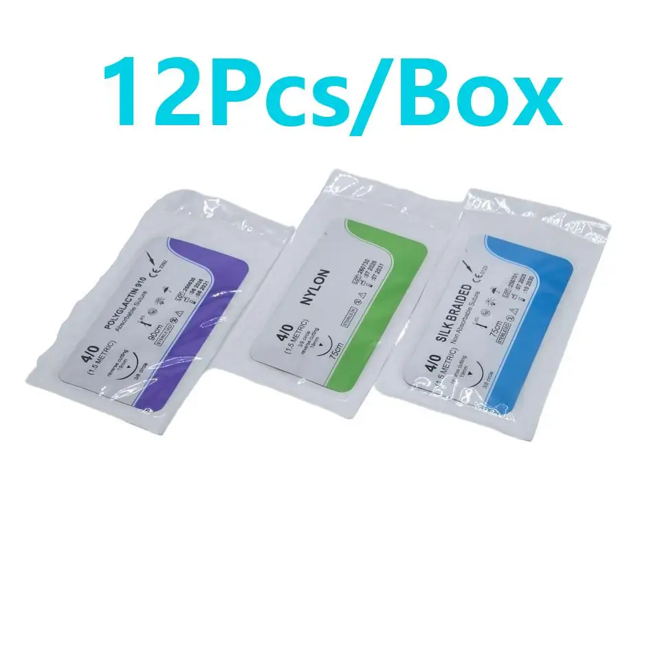 12 Pcs 4/0 19mm 3/8 Circle Dental Surgical Sutures Medical Sterile Silk Braided Nylon Polyglactin 910 Thread Needle Reverse Cut