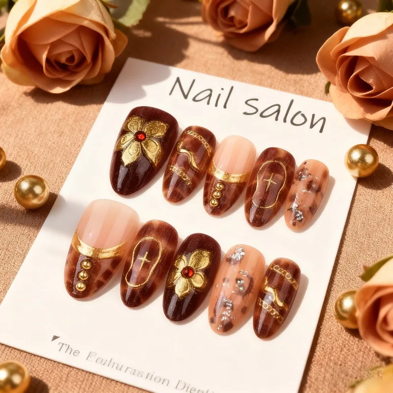 

24PCS Almond Press on Nails Full Diamond Gilded False Nails Embossed Flowers Silver White Leopard Print Autumn Winter Nail Art