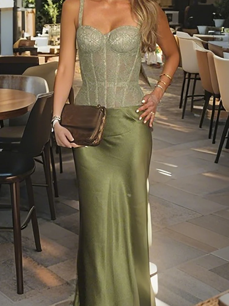 

Летний ажурный вечерний костюм без рукавов на подтяжках для похудения, модная одежда для отпуска, сексуальный кружевной топ, комбинезон и комплект с длинной юбкой