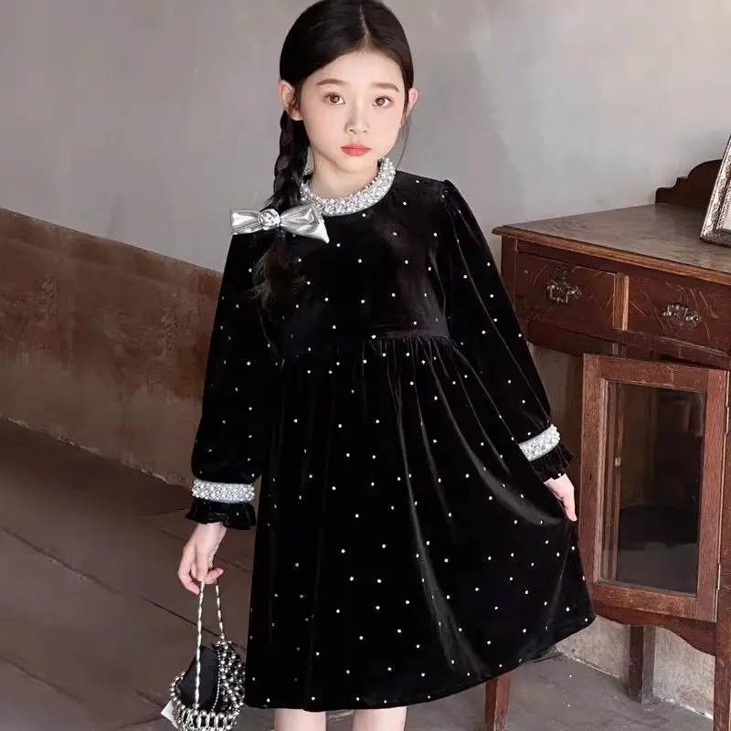 Girls Elegant Velvet Dress 2025 Spring and Autumn New Children Baby Dress Small Fragrant Style Princess Dress