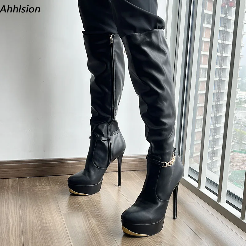 

Ahhlsion Hot Women Winter Knee Boots Faux Leather Stiletto Heels Round Toe Nice Black Party Shoes Ladies US Size 5-20