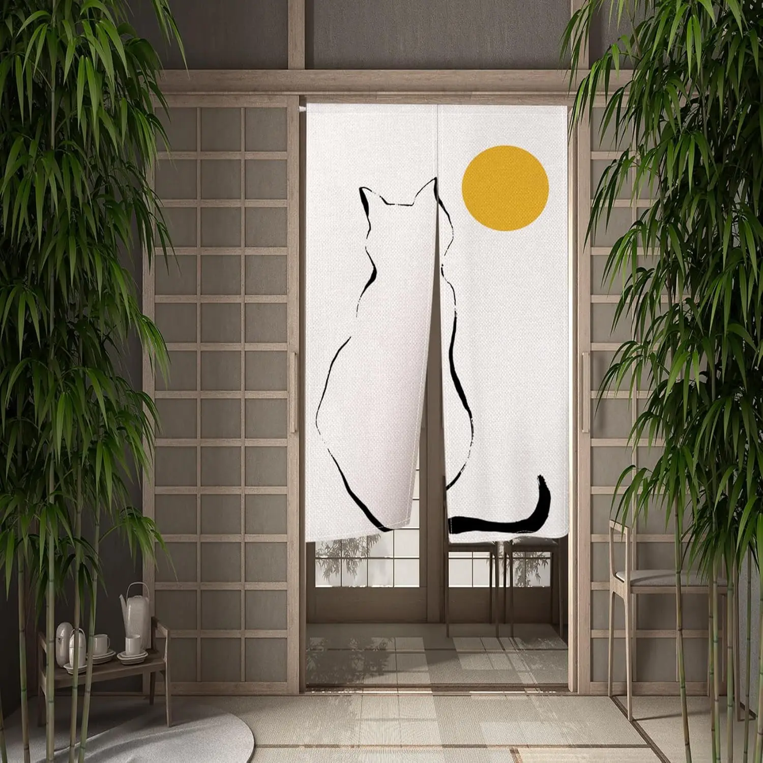 Japanese Cat Doorway Curtain The Black Cat Looked at The Yellow Moon Door Hanging Tradition Paint Japan Style Ink Cat Bedroom