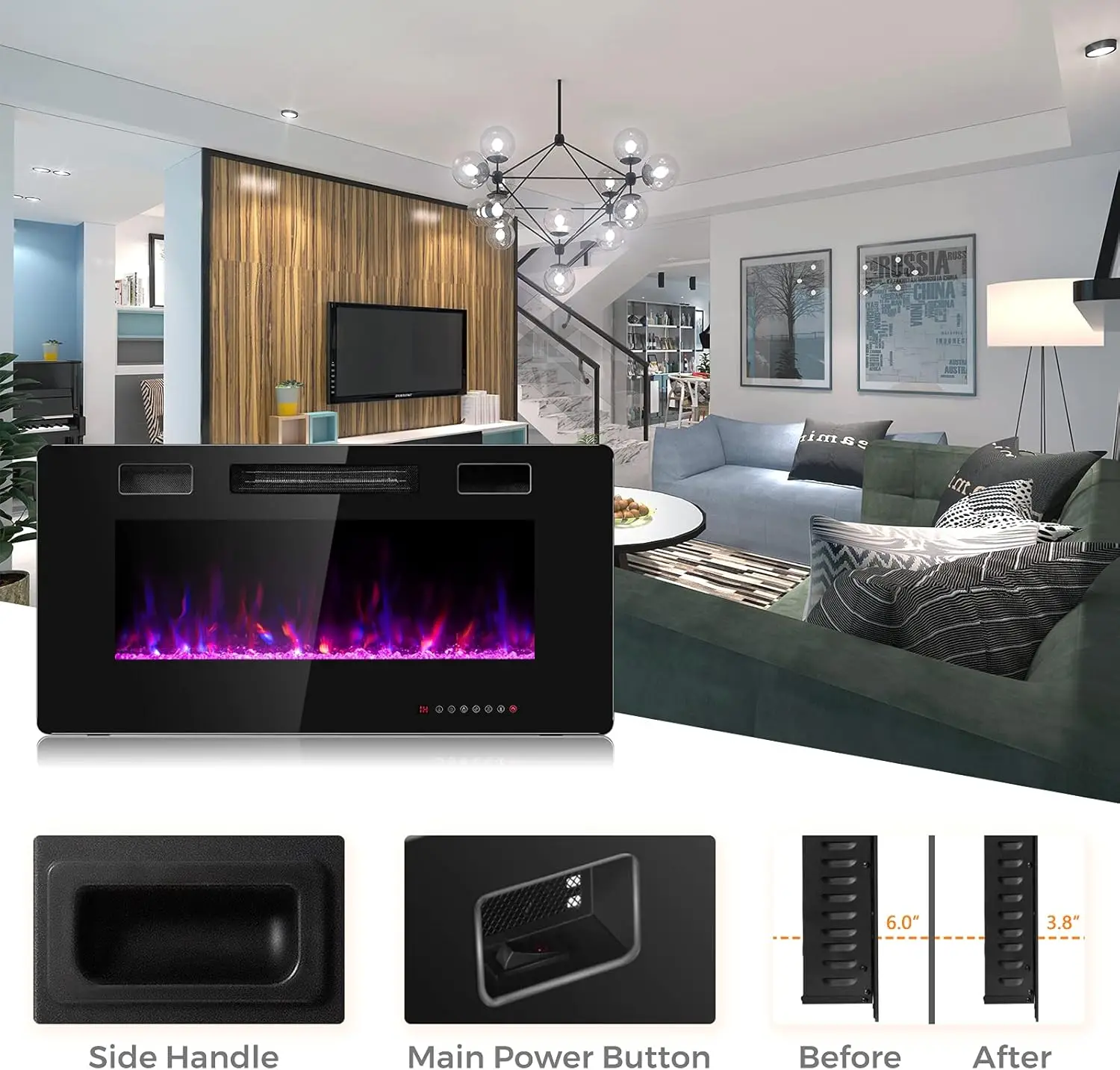 Electric Fireplace, 750W/1500W Wall Recessed and Mounted Fireplace Insert with Remote Control, 12 Flame Colors