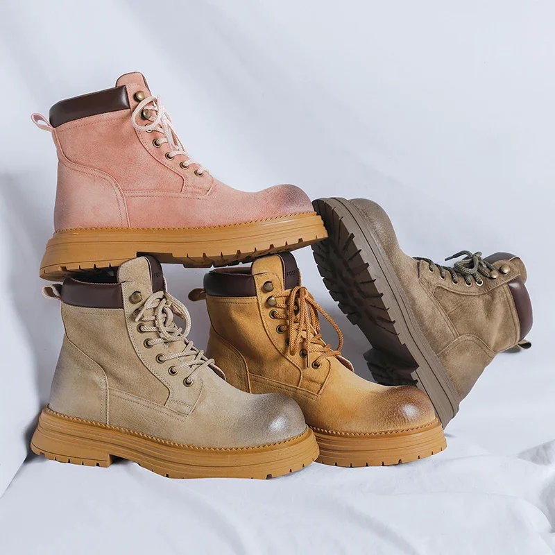 Men Boots Vintage Distressed Thick Sole Work Boots Unisex Suede Leather Round Toe Lace Up Platform Ankle Boots Multi Colors