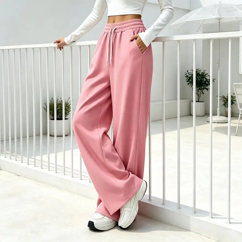 Women Wide Leg Pants for Fall Winter, Drawstring Elastic Waist Casual Trousers, Solid Color Loose Fit Straight Legs Pants