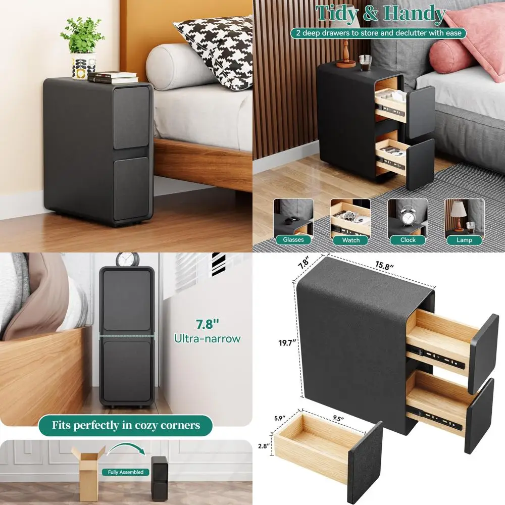 Modern Sleek Faux Leather Nightstand with 2 Drawers, Thin and Fully Assembled Bedside Table for Small Spaces