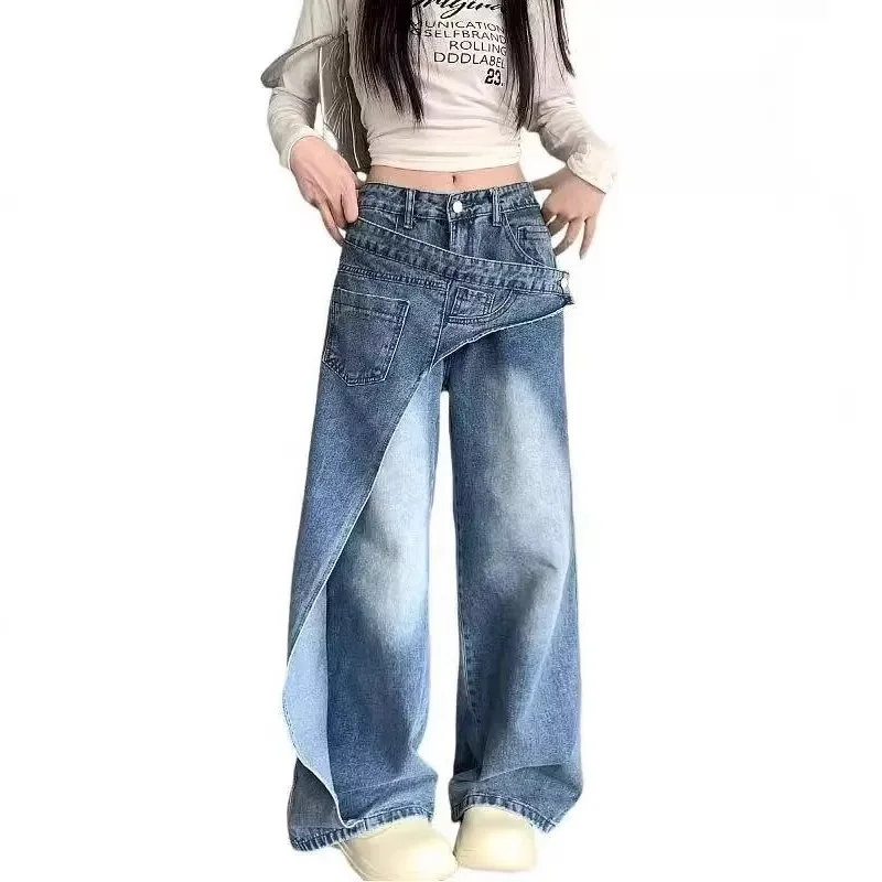

Джинсы женские 2026 Plus Size в американском уличном стиле, с эффектом потертости, с асимметричными вставками, свободные, прямые, в пол, модные джинсовые брюки