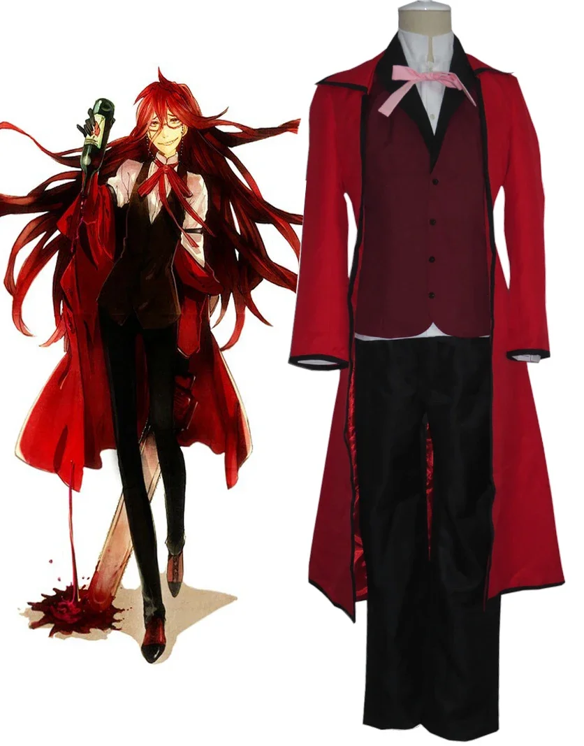 

Anime Grell Sutcliff Cosplay Costumes Black Butler Death Red Uniform Outfit Shinigami Shoes Carnaval Halloween for Women Men wig