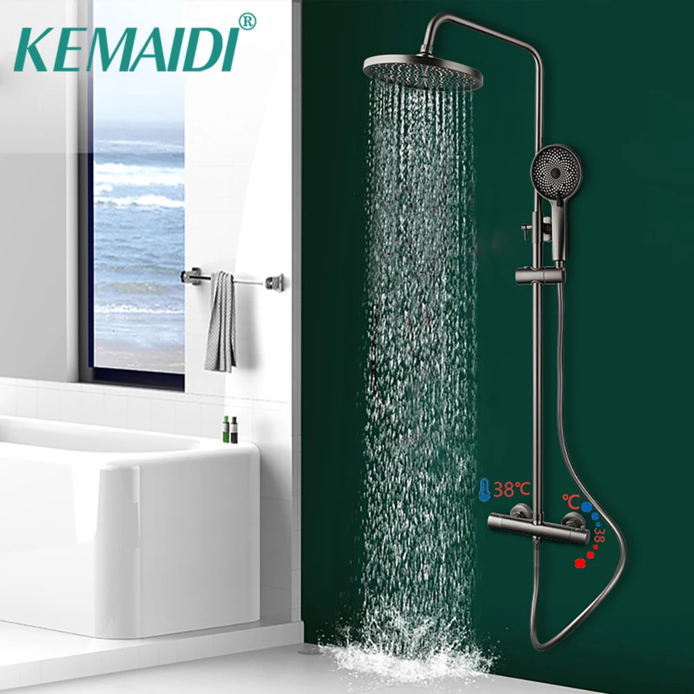 

KEMAIDI Grey Bathroom Thermostatic Shower System Wall Mounted Soild Brass Shower Hot Cold Mixer Bathtub Faucet Tap