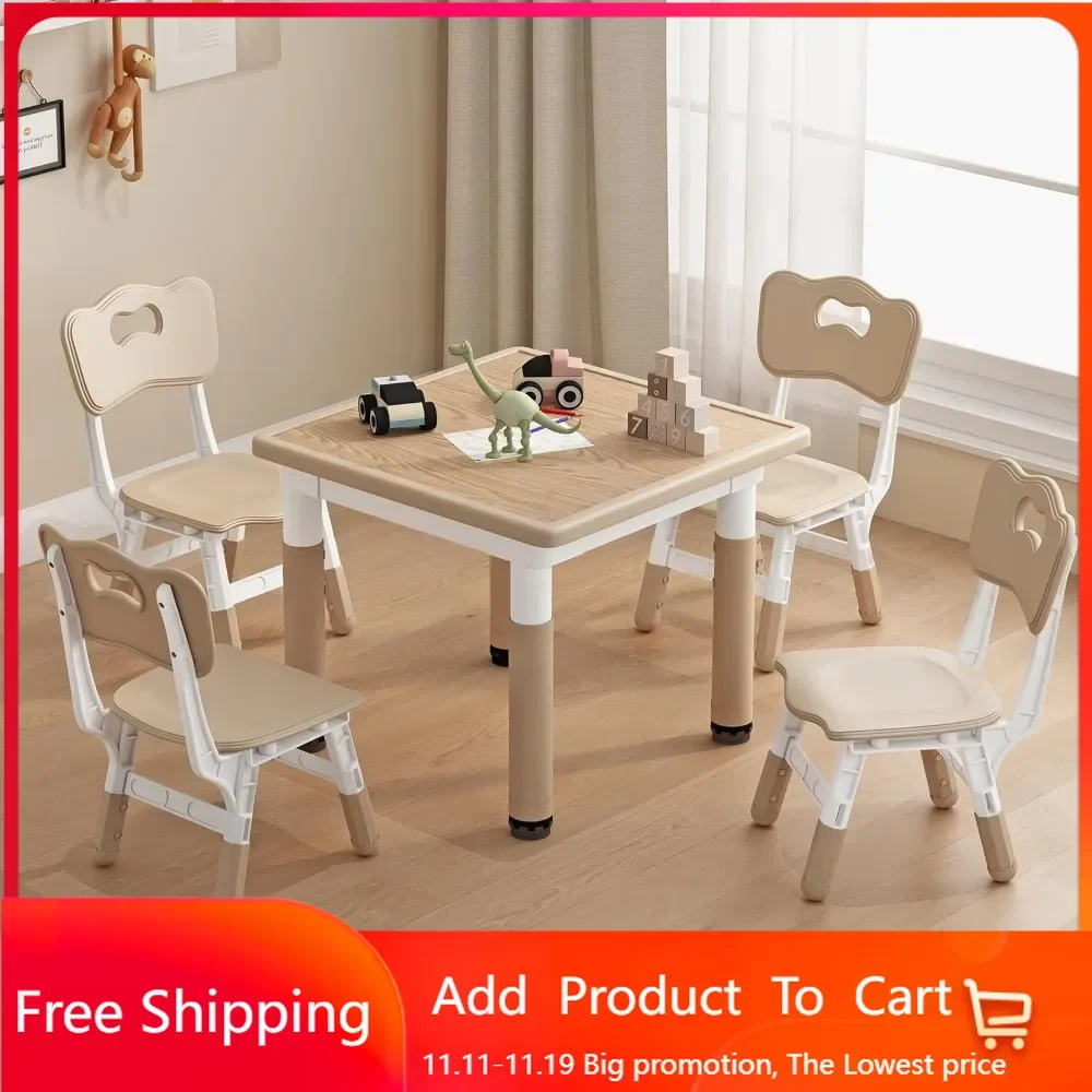 Height Adjustable Childrens Table and Chair Set, Kids Tables for Age 2-8, Graffiti Desktop, Table for Kids with 4 Seat