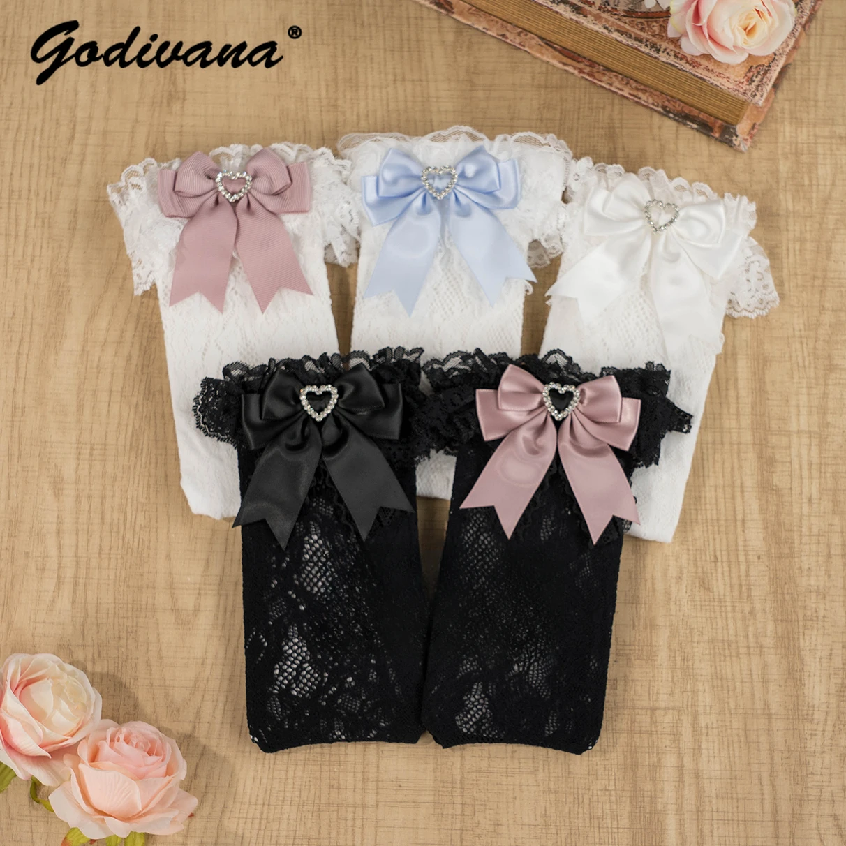 Japanese Mine Series Sweet Bow Black White Lace Medium Tube Socks Girls Lolita Spring Summer Thin Lace Socks Female