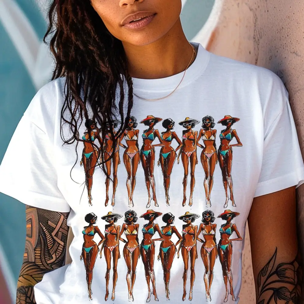 Black Women Swim T Shirt Fashion Illustration African American Vintage Swimsuits Bikini Style Beach Girls Summer Travel