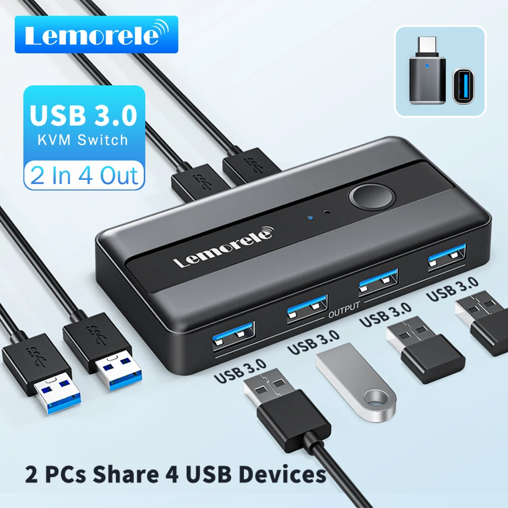 Lemorele H5 USB SWITCH USB 3.0 2 Input 4 Output button KVM Switcher to 5gbps Sharer for Laptop Desktop Printer Computer Keyboard